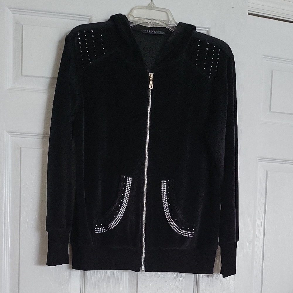 Chic Black Women's Hoody Jacket with Studded Details. Velvet,NWT